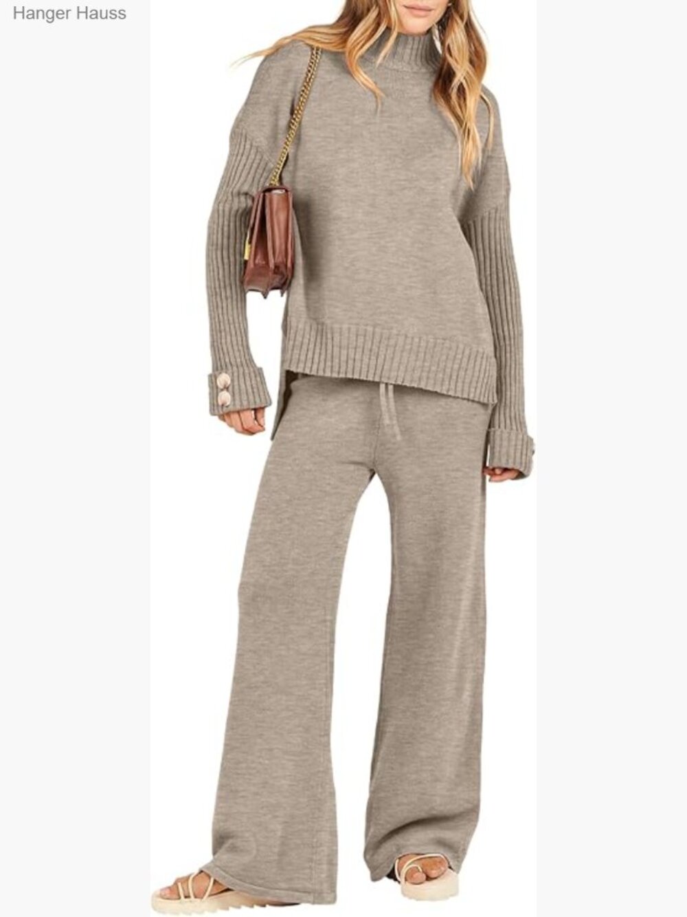 2 Piece Sweater Set Turtleneck Pullover Wide Leg Pants Lounge Set Fall Travel
